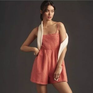Anthropologie Pilcro Romper XL NEW Salmon pink linen viscose Smocked bohemian